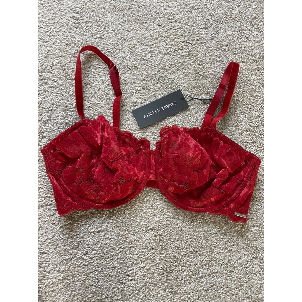 Savage X Fenty 36DDD Red Velvet Floral Lace Balconette Underwire Bra NWT
